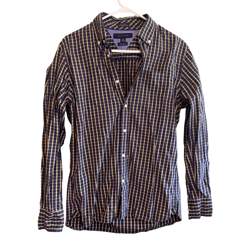 Tommy Hilfiger Mens Small Custom Fit Navy Yellow Plaid 80s 2-Ply Fabric Shirt